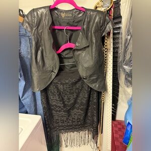 Genuine leather vest and lace skirt with fringes
